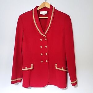 ST. JOHN Collection by Marie Gray Red Knit Blazer Gold Button Accent Jacket Sz 8